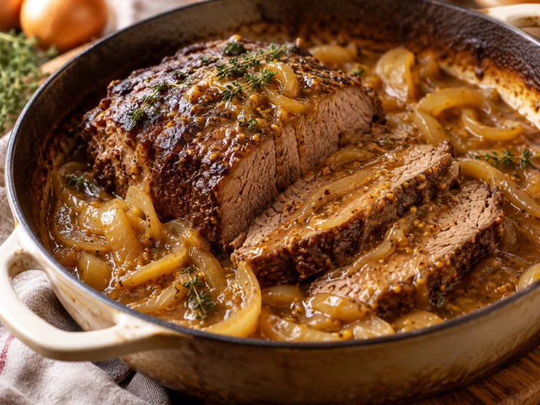schnelle Rezepte – Rinderbraten mit Zwiebeln und Senfsoße langsam geschmort
