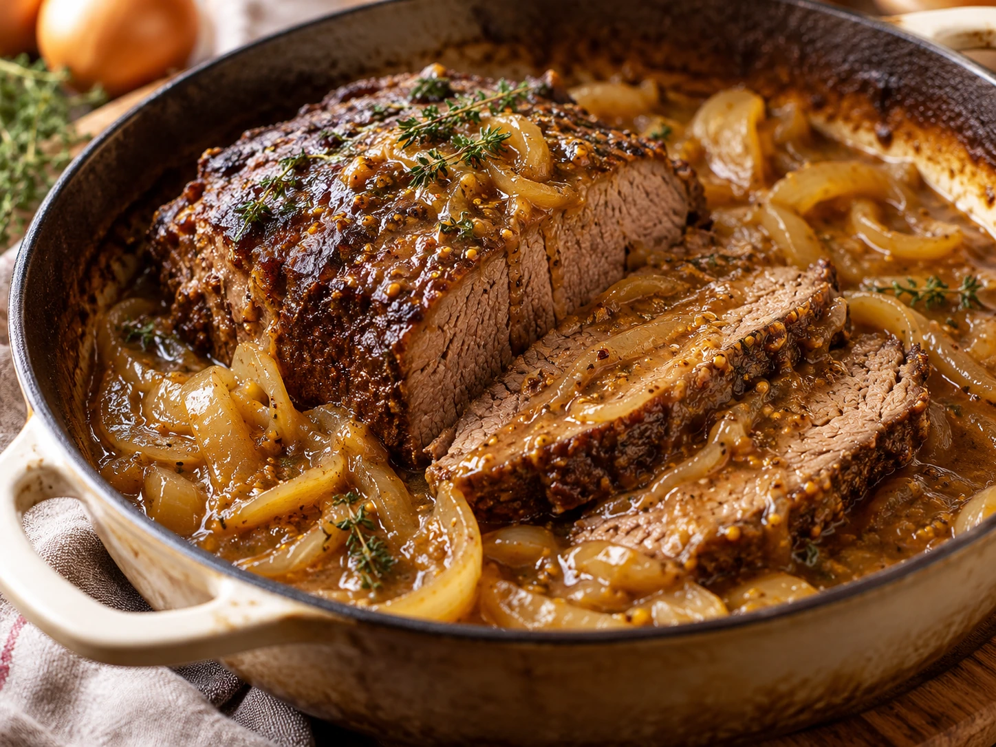 schnelle Rezepte für jeden Tag – Rinderbraten mit Zwiebeln und Senfsoße langsam geschmort