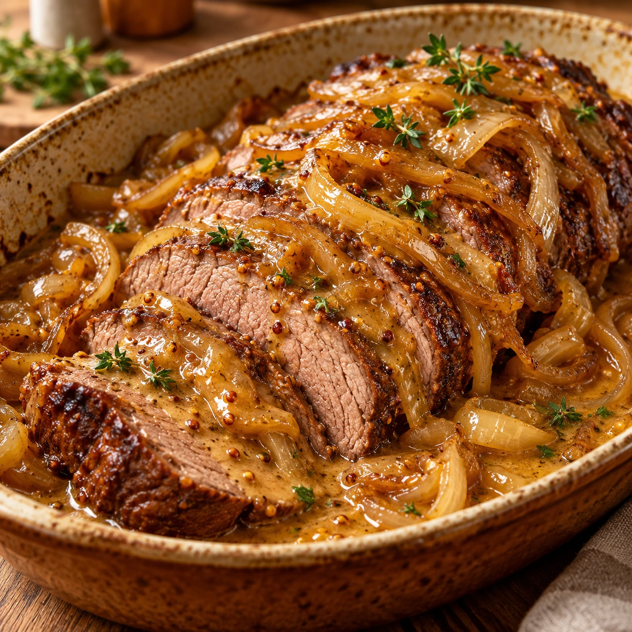 Rinderbraten mit Zwiebeln und Senfsoße langsam geschmort angerichtet als fertiges Gericht mit appetitlicher Soße
