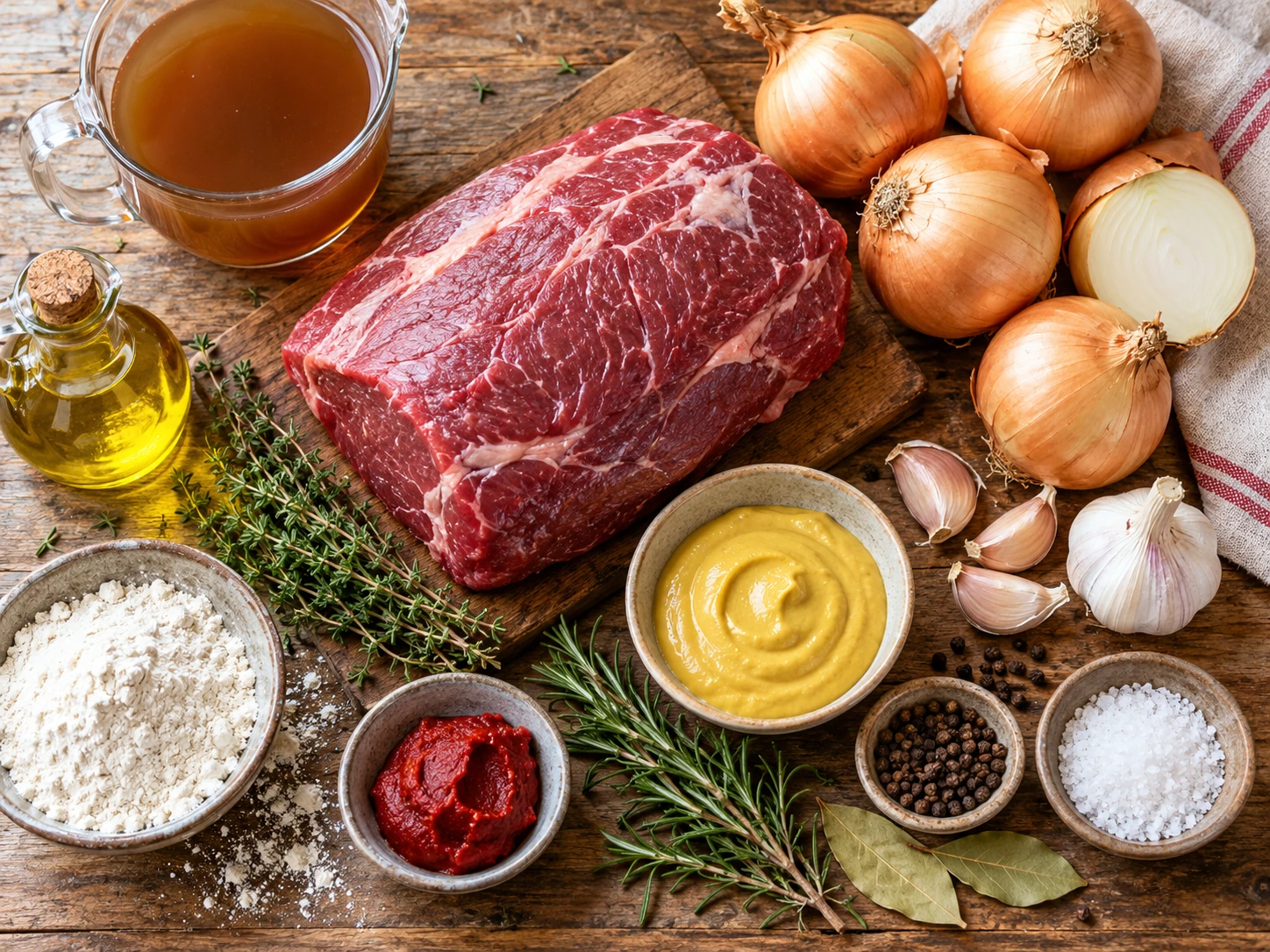 Zutaten für Rinderbraten mit Zwiebeln und Senfsoße langsam geschmort übersichtlich auf einer hellen Küchenarbeitsplatte