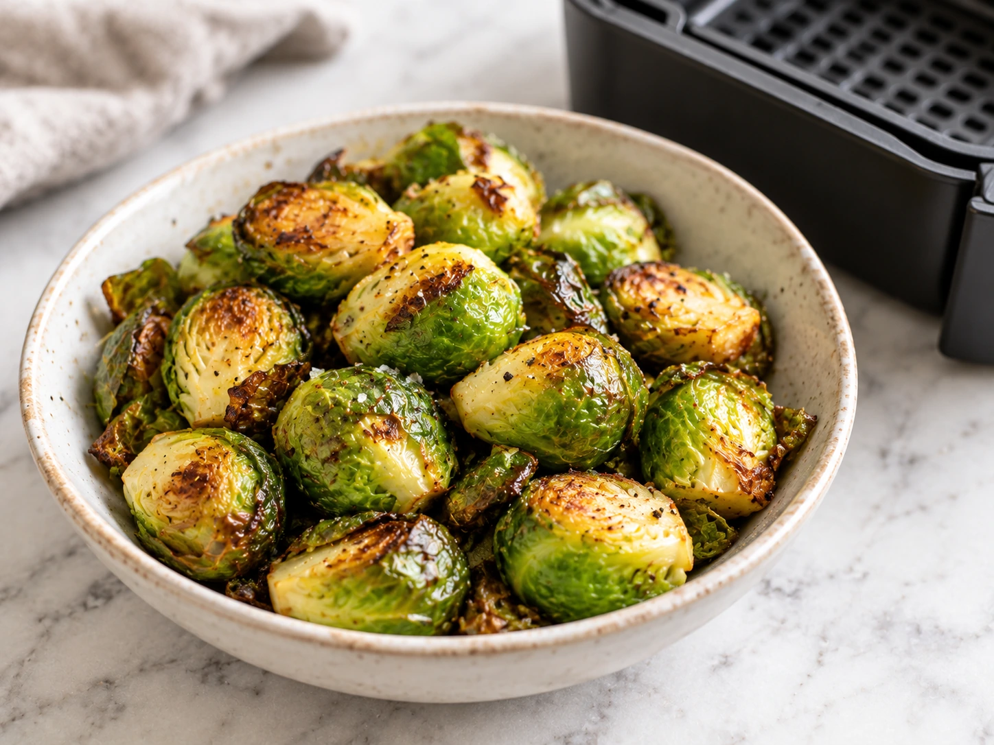 Fertiger Rosenkohl aus dem Airfryer, goldbraun und knusprig, in einer weißen Schüssel mit Zitronenspalte