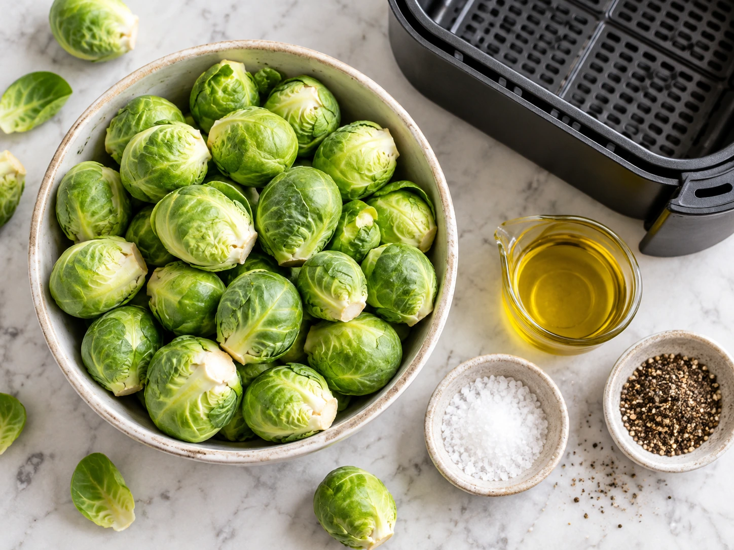 Zutaten für Rosenkohl im Airfryer mit frischem Rosenkohl, Olivenöl, Salz und Pfeffer neben der Heißluftfritteuse