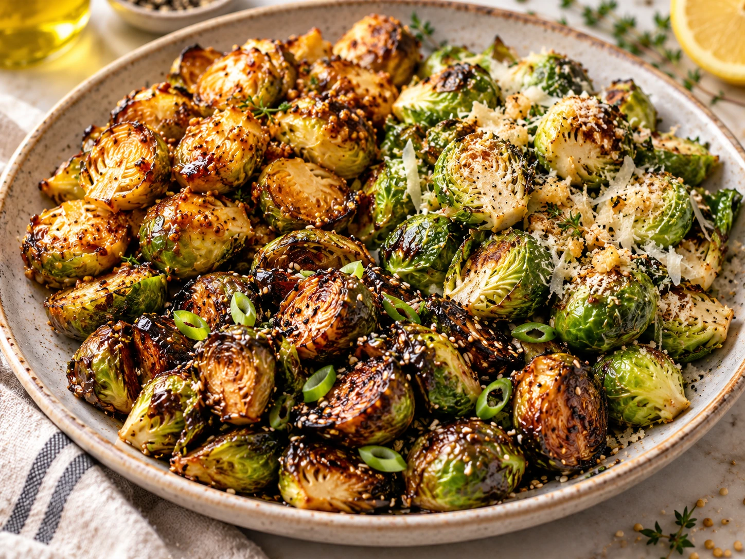 Drei knusprige Rosenkohl-Varianten aus dem Airfryer mit Honig-Senf, Parmesan und Sesam-Soja serviert