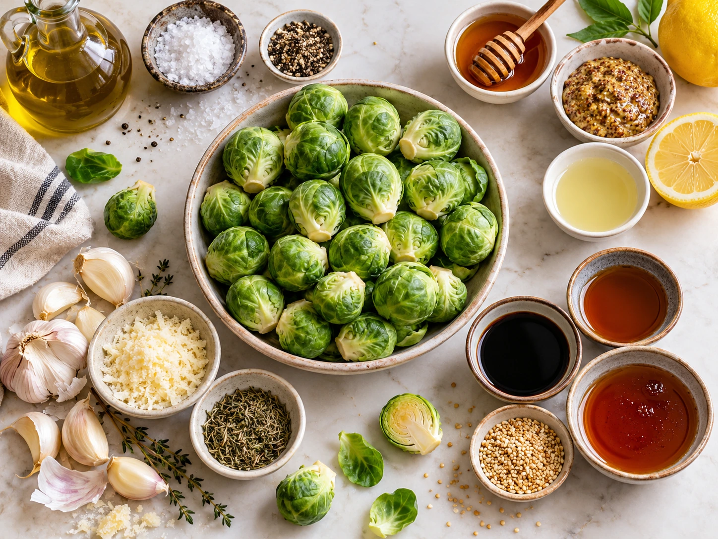 Zutaten für Rosenkohl im Airfryer: frischer Rosenkohl, Honig, Senf, Knoblauch, Parmesan, Sesam und Sojasauce