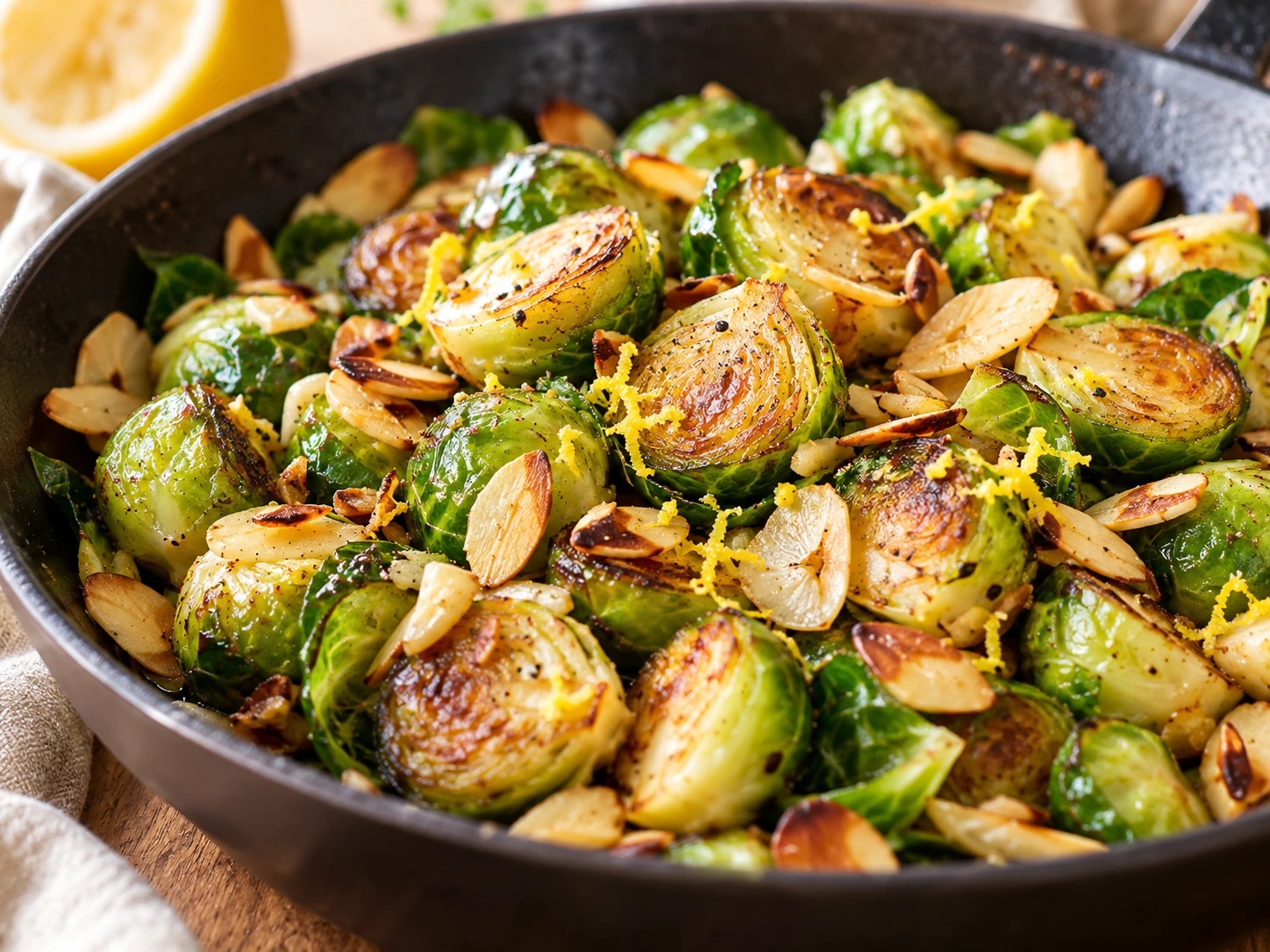 Rosenkohl Rezepte einfach – frisch zubereiteter Rosenkohl in einer Pfanne mit Knoblauch und Mandeln