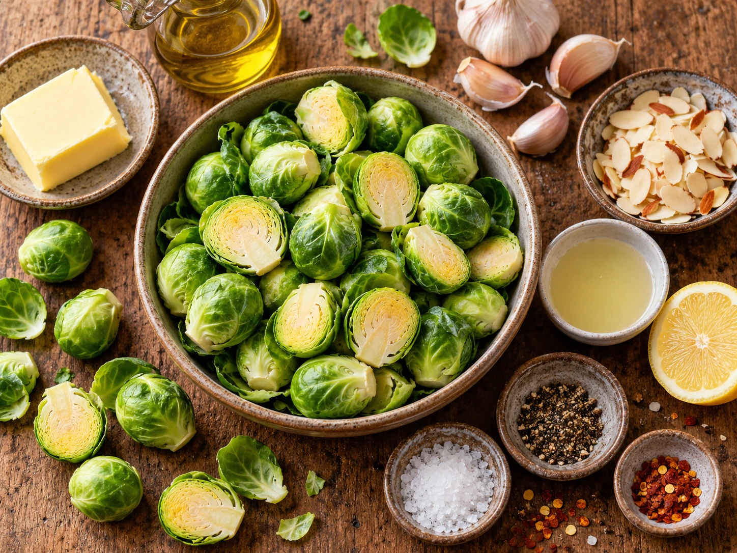 Zutaten für einfachen Rosenkohl aus der Pfanne: Rosenkohl, Butter, Knoblauch, Mandeln und Zitronensaft