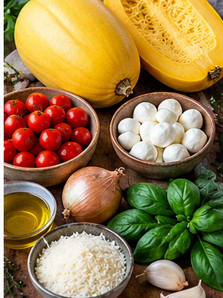 Spaghettikürbis, Kirschtomaten, Mozzarella, Knoblauch, Olivenöl, Oregano und Basilikum als Zutatenübersicht