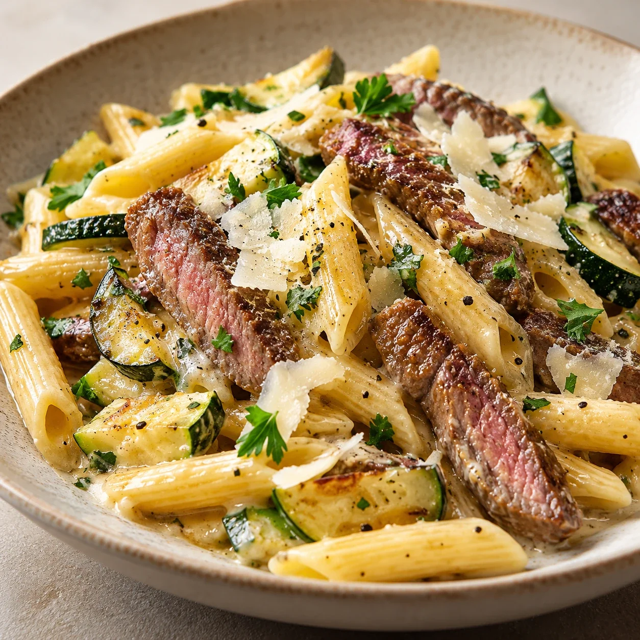 Steak-Penne mit Zucchini und Parmesan