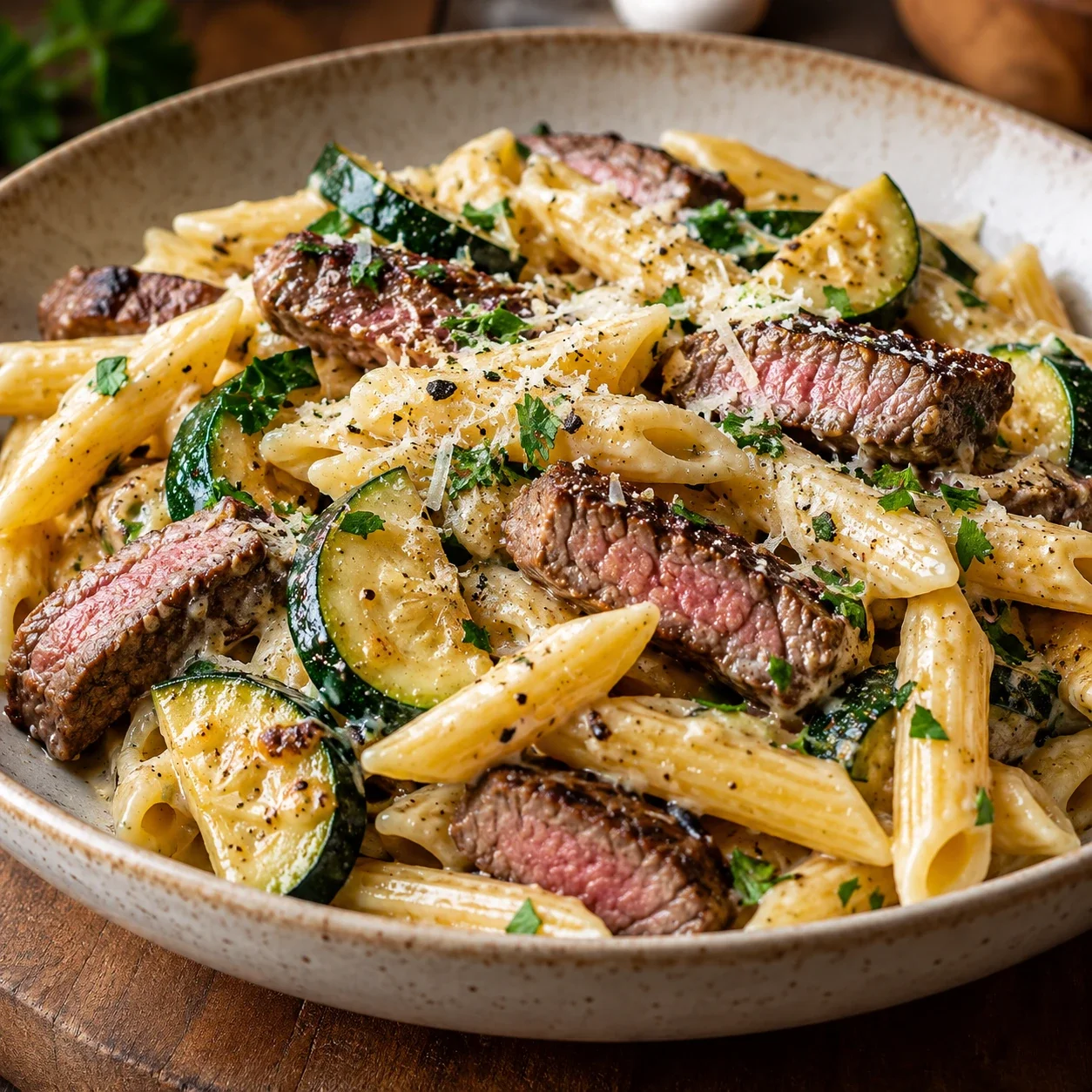 Steak-Penne mit Zucchini und Parmesan appetitlich auf einem schlichten Teller serviert