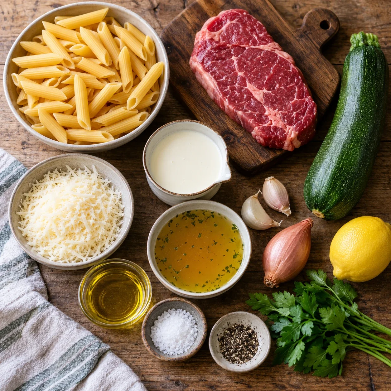 Zutaten für Steak-Penne mit Zucchini und Parmesan übersichtlich auf heller Küchenarbeitsplatte