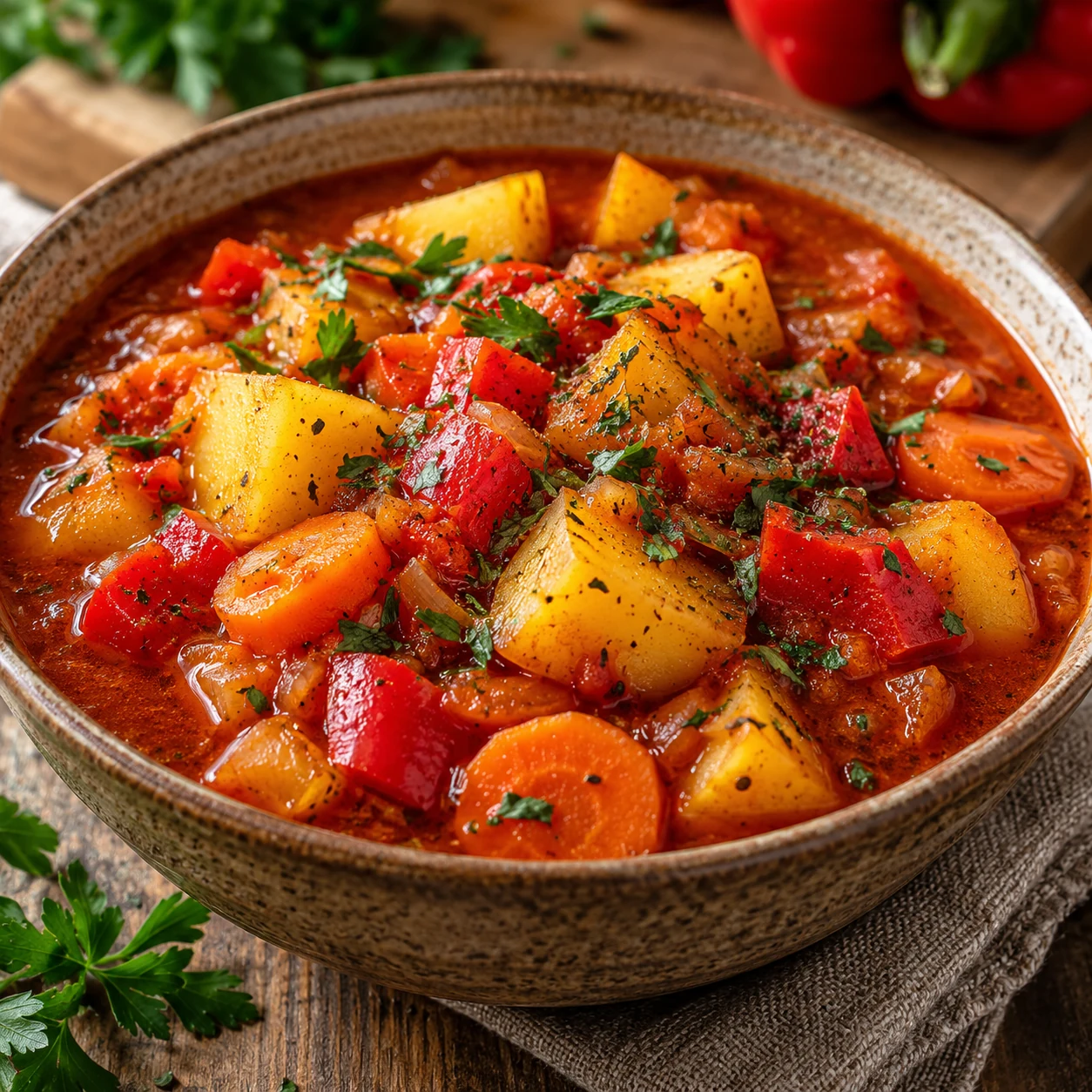 Vegetarisches Kartoffelgulasch mit Paprika und Möhren frisch angerichtet, appetitliche Nahaufnahme auf einem schlichten Teller