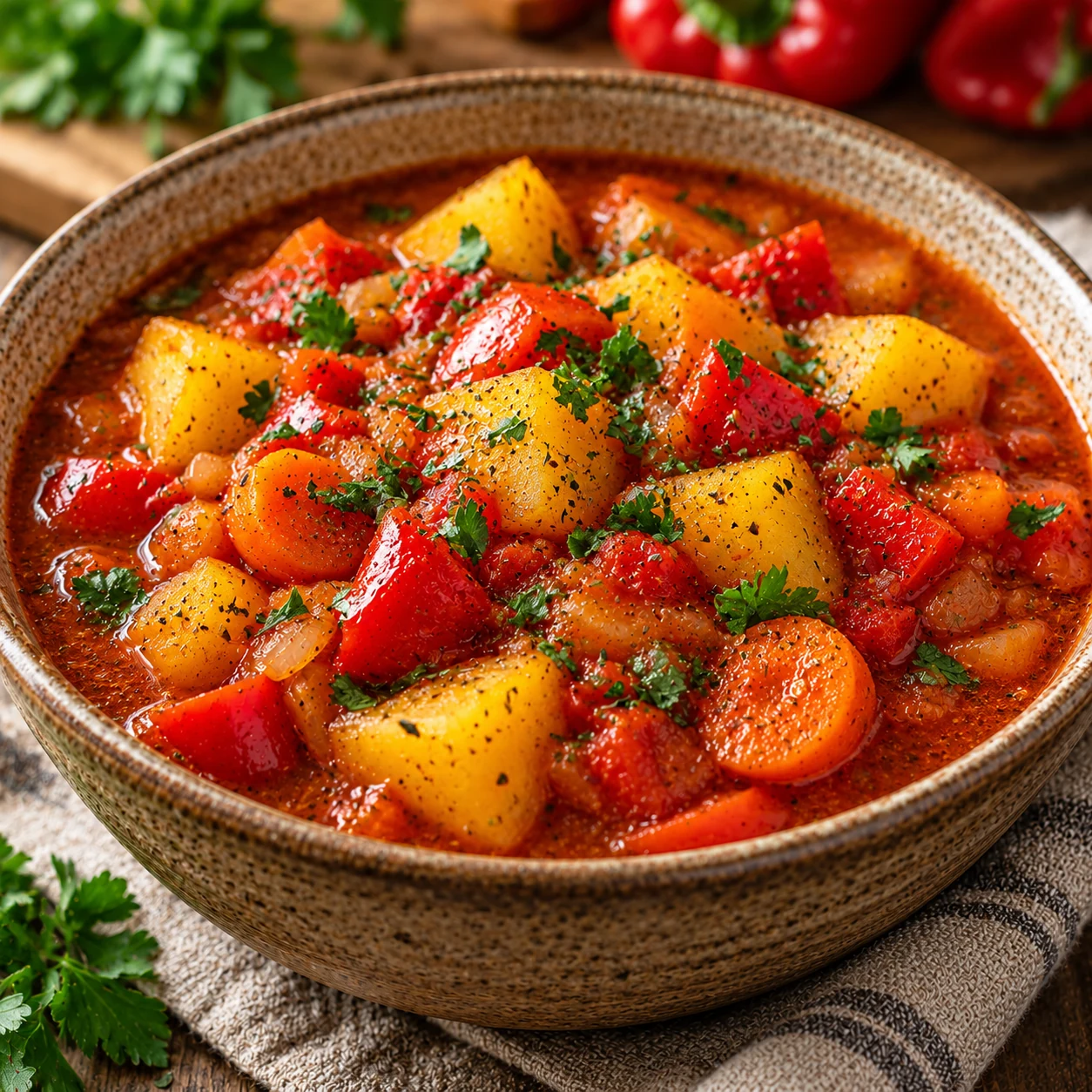 Vegetarisches Kartoffelgulasch mit Paprika und Möhren servierfertig in einer gemütlichen Küchenszene