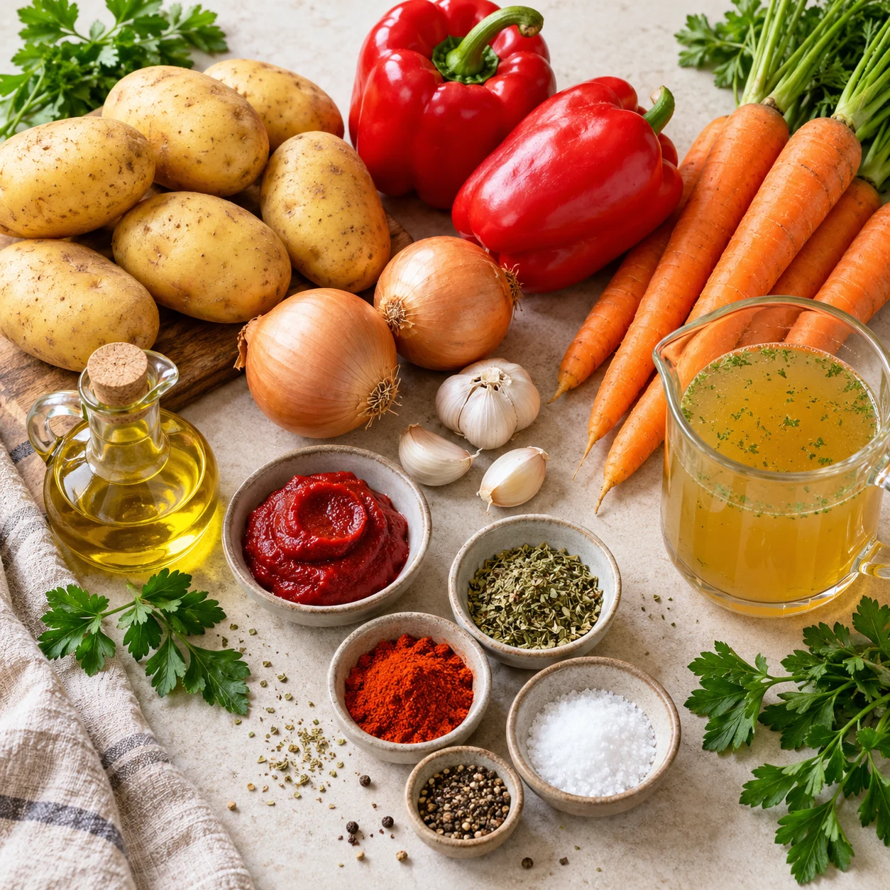 Zutaten für Vegetarisches Kartoffelgulasch mit Paprika und Möhren übersichtlich auf einer hellen Arbeitsfläche