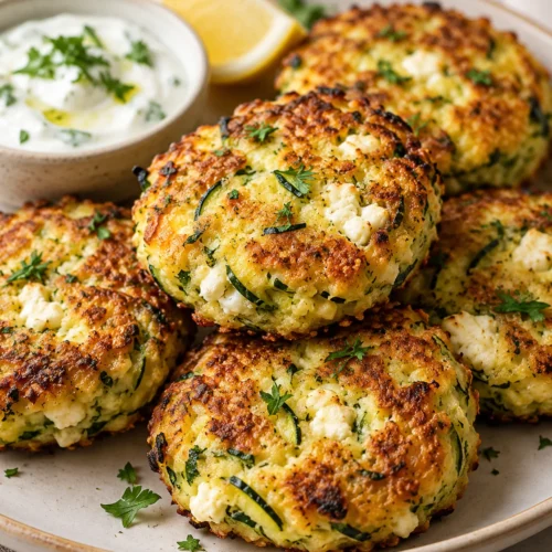Knusprige goldbraune Zucchini-Feta-Taler mit sichtbaren Zucchinistreifen und weißem Feta auf einem Teller