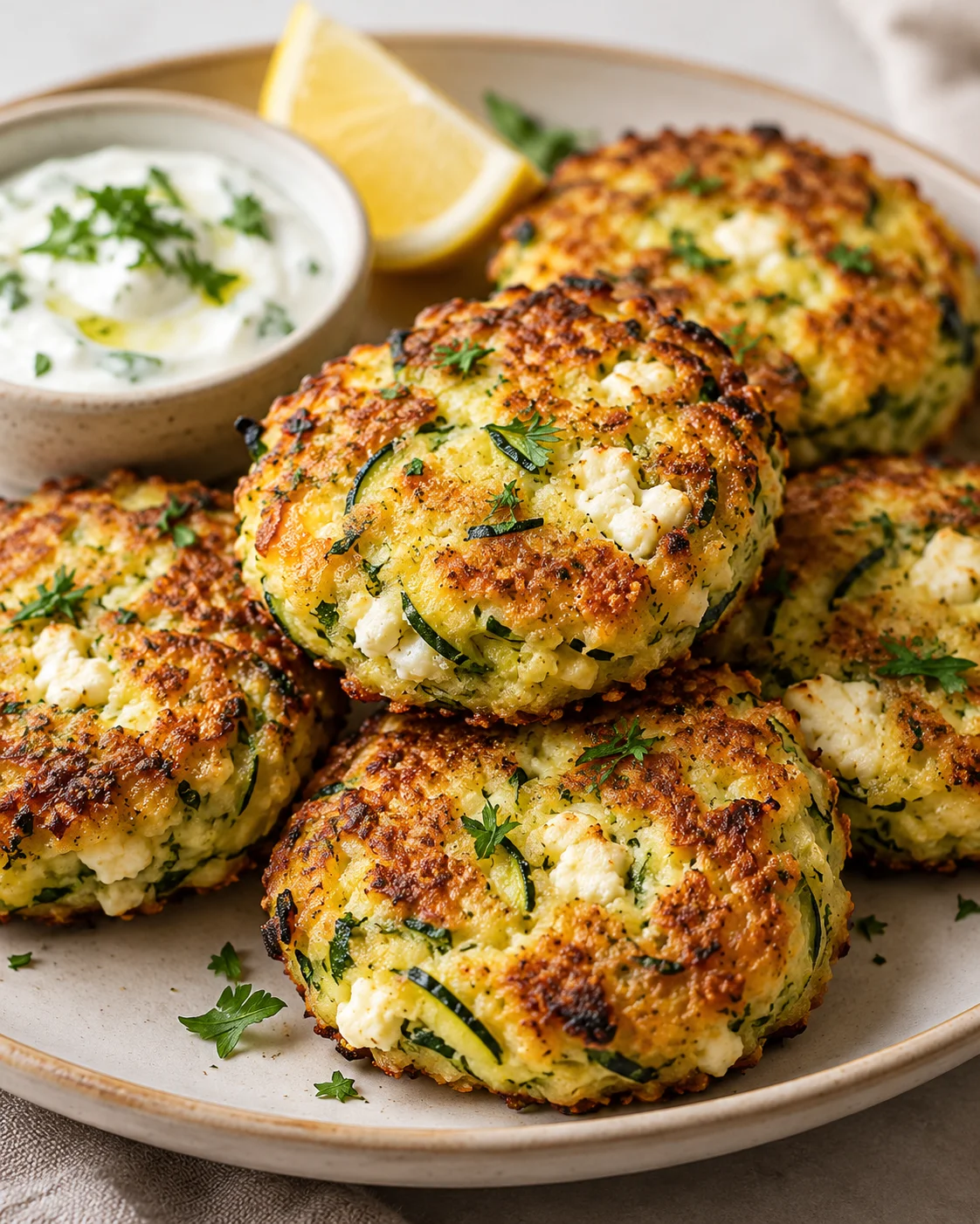 Knusprige goldbraune Zucchini-Feta-Taler mit sichtbaren Zucchinistreifen und weißem Feta auf einem Teller