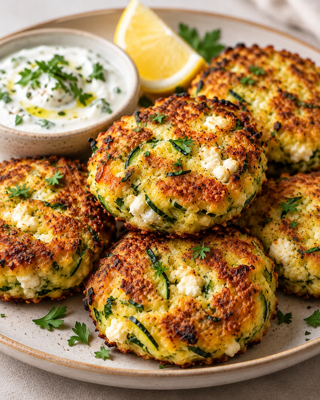 Goldbraun gebackene Zucchini-Feta-Taler auf einem Teller mit einem kleinen Kräuterdip