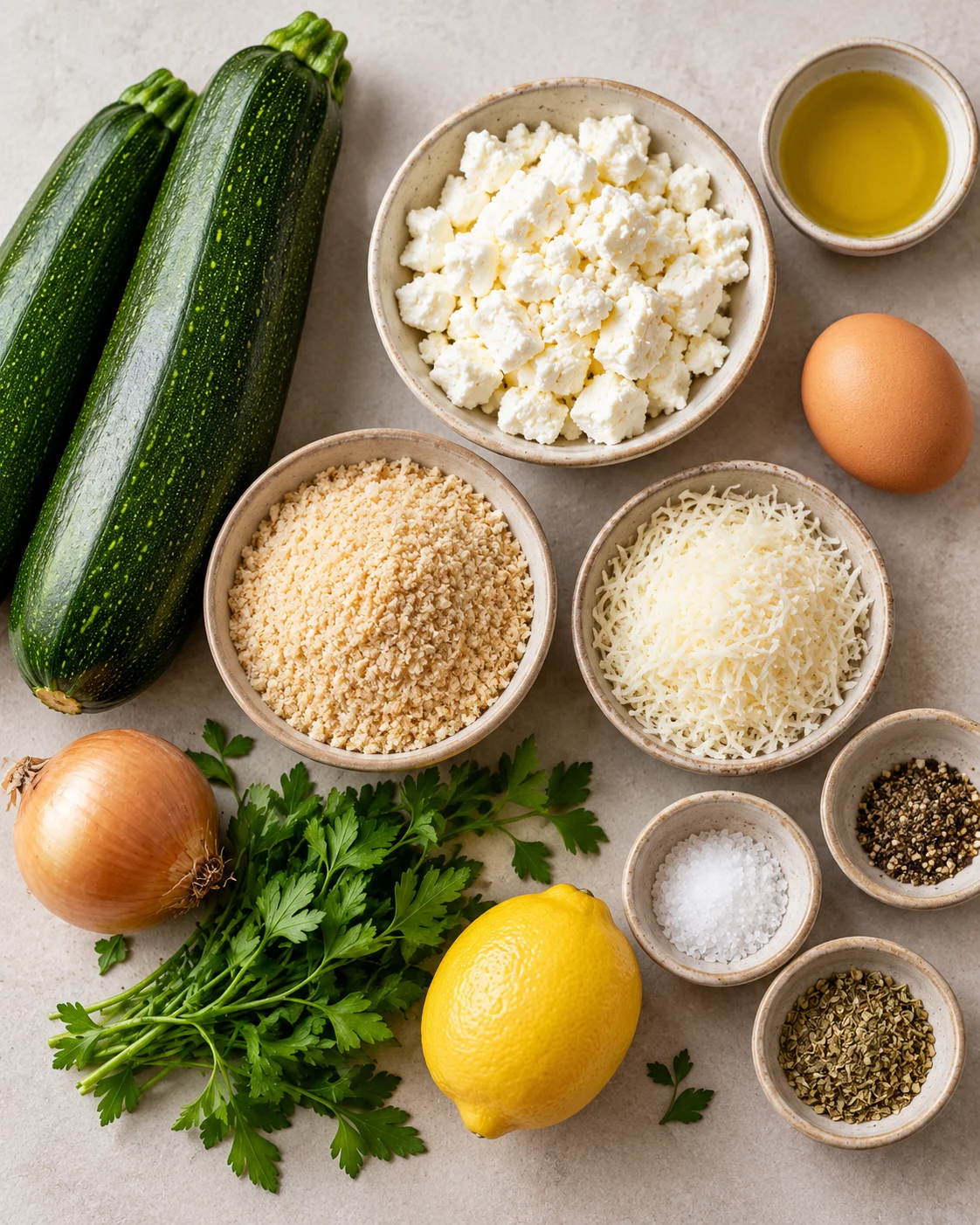 Zucchini, Feta, Ei, Semmelbrösel, Frühlingszwiebel, Knoblauch, Petersilie und Zitrone für Zucchini-Taler