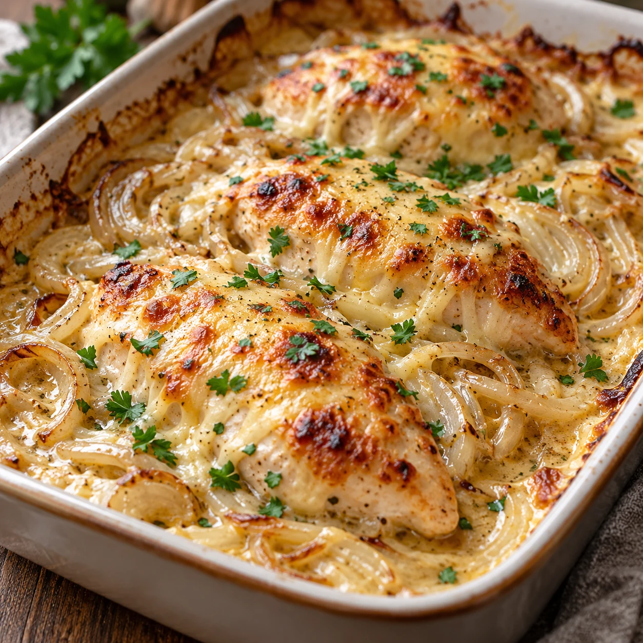 Zwiebel-Sahne-Hähnchen aus dem Ofen mit Käse frisch angerichtet, appetitliche Nahaufnahme auf einem schlichten Teller