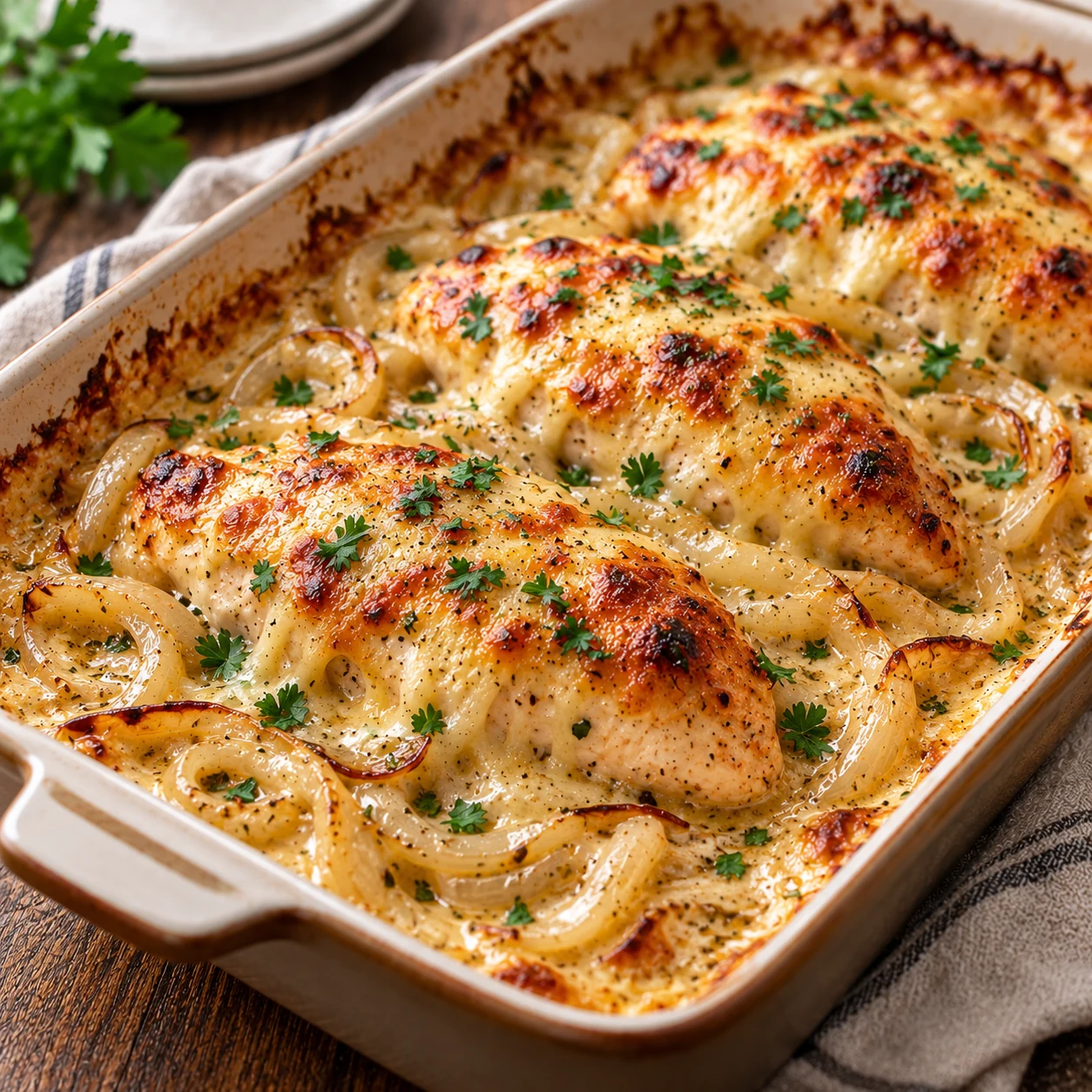 Zwiebel-Sahne-Hähnchen aus dem Ofen mit Käse servierfertig in einer gemütlichen Küchenszene