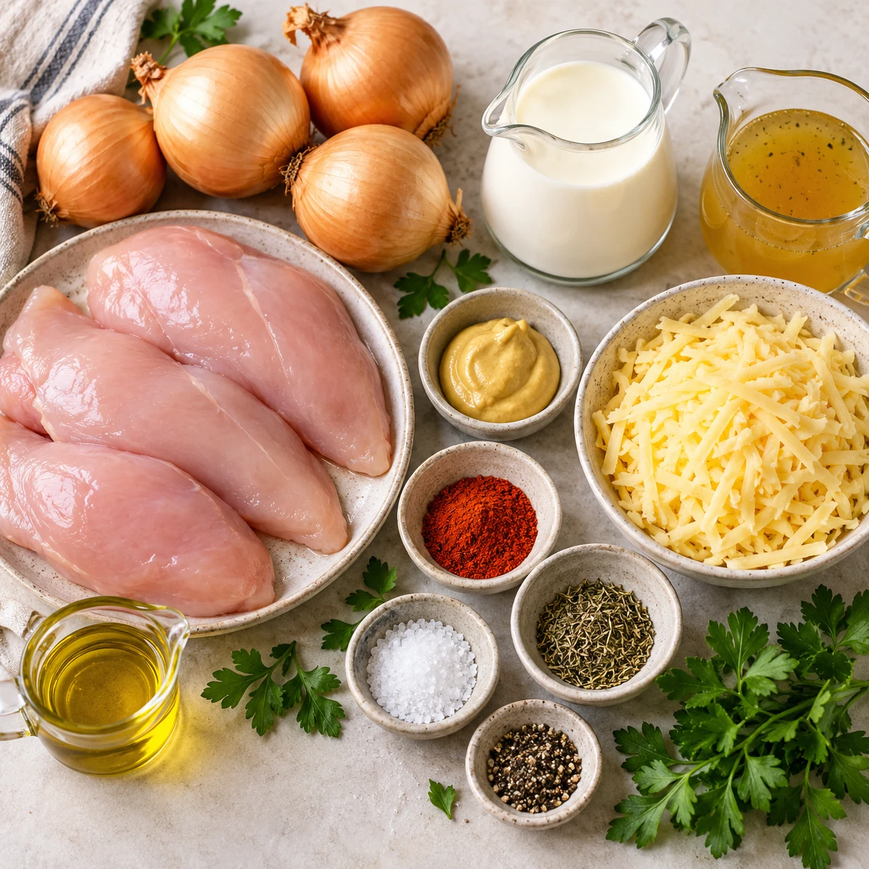 Zutaten für Zwiebel-Sahne-Hähnchen aus dem Ofen mit Käse übersichtlich auf einer hellen Arbeitsfläche